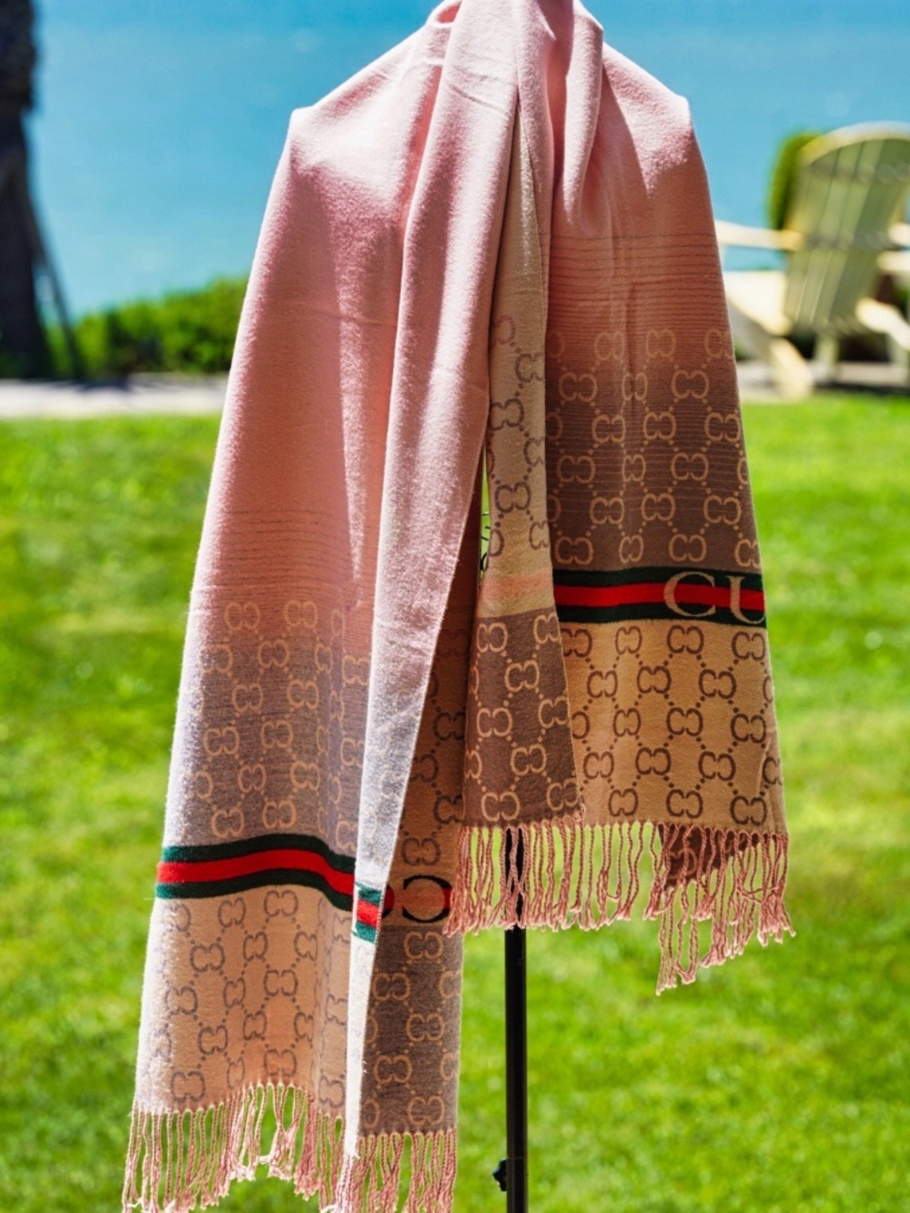 GUCCI Pink Wool Silk GG Monogram Green Red Web Stripe Large Fringe Scarf Shawl